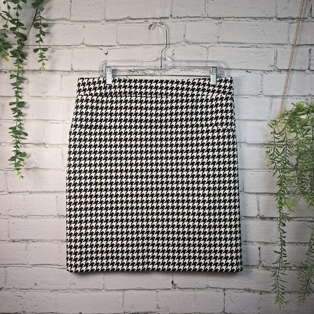 Michael Kors black white houndstooth a-line stretch business casual skirt 12 euc